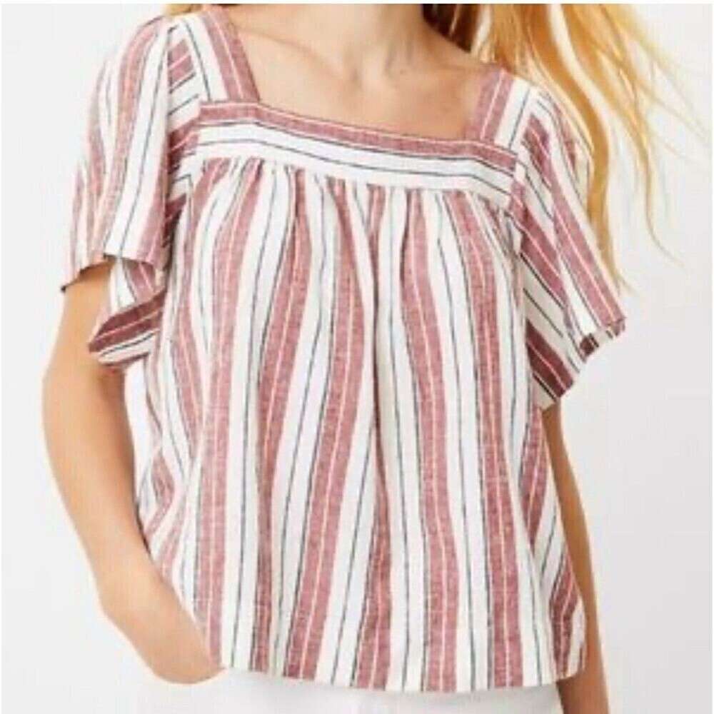 Loft Ann Taylor Striped Square Neck Linen Blend Flutter Sleeve Top Womens XS
